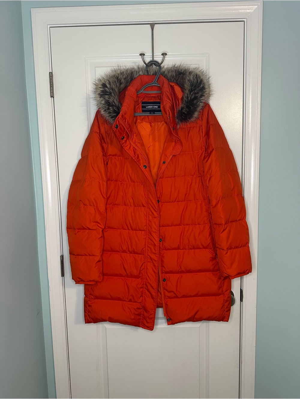 Lands' End Women's Bright Orange Quilted Puffer Coat with Faux Fur Hood